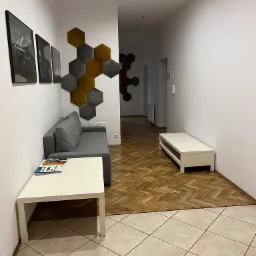 Nowoczesny salon z szarą sofą, białym stolikiem kawowym z gazetami, panelami ściennymi w kształcie sześciokątów w odcieniach szarości i złota oraz parkietem w jodełkę.