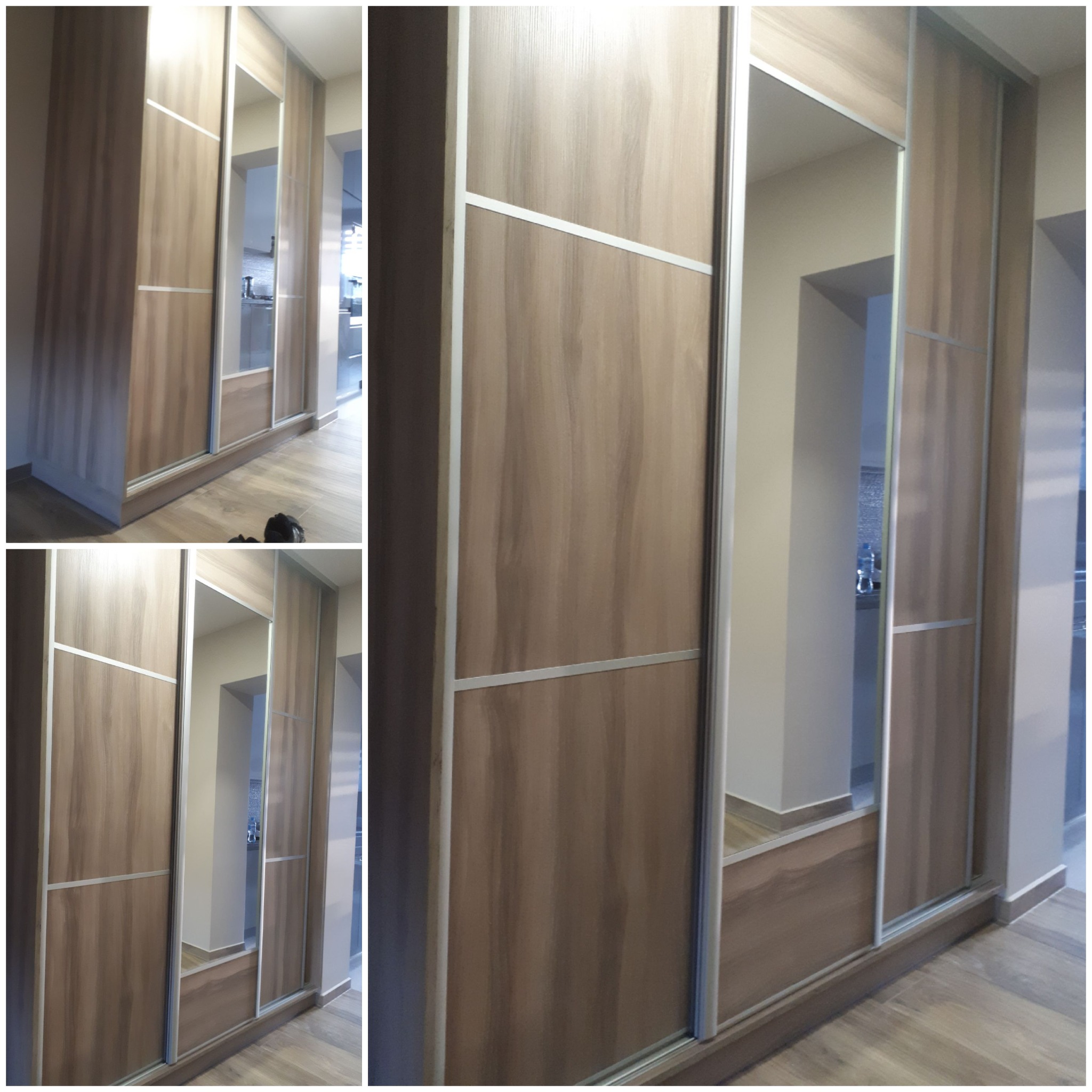 Szafa wnękowa z przesuwnymi drzwiami i lustrami, wykończona okleiną drewnopodobną w odcieniach brązu, widok na wnętrze z wodą mineralną