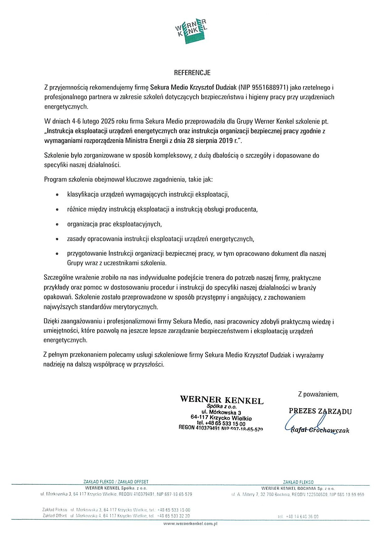 Referencje dla firmy Sekura Medio za szkolenie z zakresu instrukcji eksploatacji urządzeń energetycznych i organizacji bezpiecznej pracy dla Werner Kenkel.