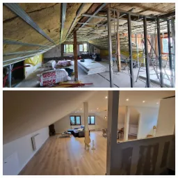 Dwuetapowe ujęcie poddasza: górna część pokazuje izolację wełną mineralną pomiędzy metalowymi profilami, dolna prezentuje wykończone, jasne wnętrze ze skosami, drewnianą podłogą i oknami.