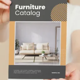 Katalog mebli w rękach, prezentujący minimalistyczny salon z beżową sofą, stolikiem kawowym i roślinami na tle białej ściany.