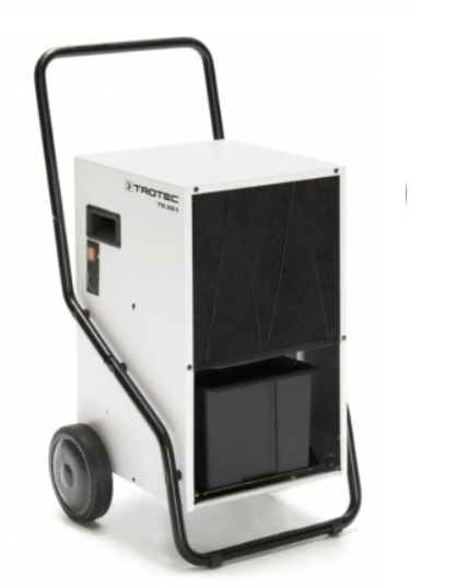 Biały osuszacz powietrza Trotec TTK 350 S z czarnym filtrem i zbiornikiem na wodę, umieszczony na kółkach z uchwytem transportowym, na białym tle.