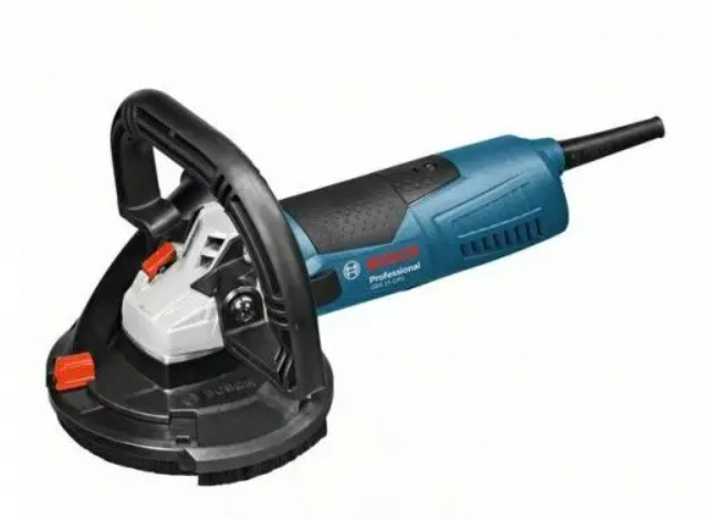 Szlifierka do betonu Bosch Professional GBR 15 CAG w kolorze niebieskim i czarnym, z okrągłą tarczą i uchwytem pałąkowym, sfotografowana na białym tle.