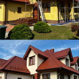 ART-REM - Porównanie elewacji domu przed i po odświeżeniu: żółta, częściowo osłonięta rusztowaniem, kontra kremowa, z widocznymi detalami wykończenia i nową kolorystyką dachu.