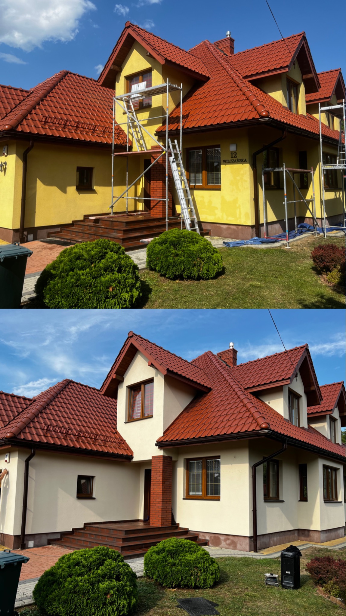 Porównanie elewacji domu przed i po odświeżeniu: żółta, częściowo osłonięta rusztowaniem, kontra kremowa, z widocznymi detalami wykończenia i nową kolorystyką dachu.