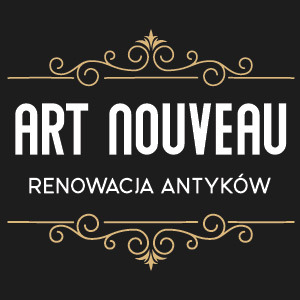Logo firmy specjalizującej się w renowacji antyków w stylu Art Nouveau, z ozdobnymi elementami graficznymi w kolorze złotym na czarnym tle.