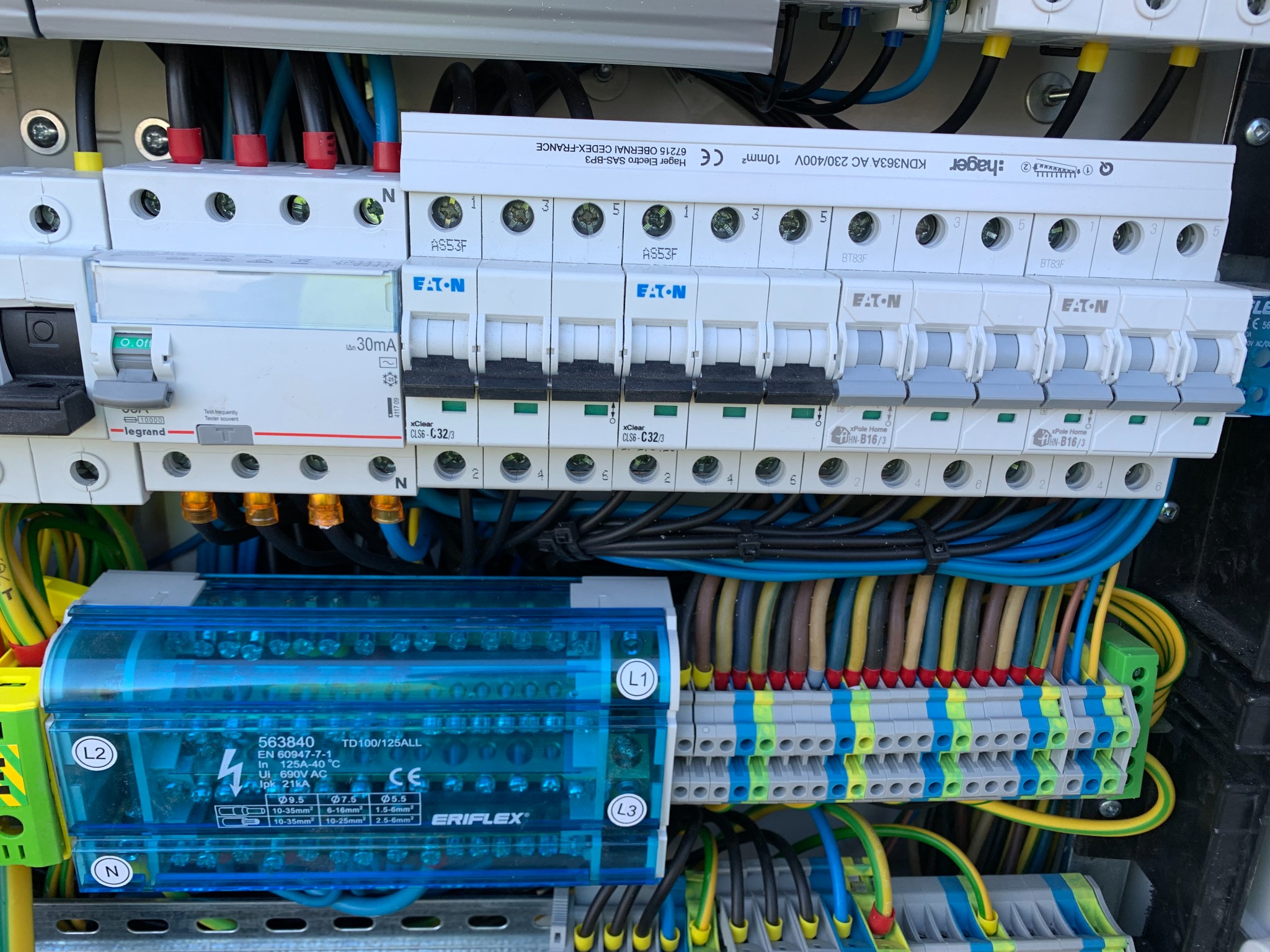 Szczegółowe ujęcie wnętrza skrzynki elektrycznej z zainstalowanymi bezpiecznikami Eaton, wyłącznikiem różnicowoprądowym Legrand i listwą zaciskową Eriflex, widoczne przewody w różnych kolorach.