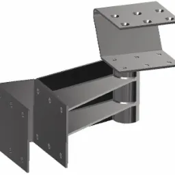 Wizualizacja 3D metalowego wspornika konstrukcyjnego z otworami na śruby, przedstawiona na białym tle.