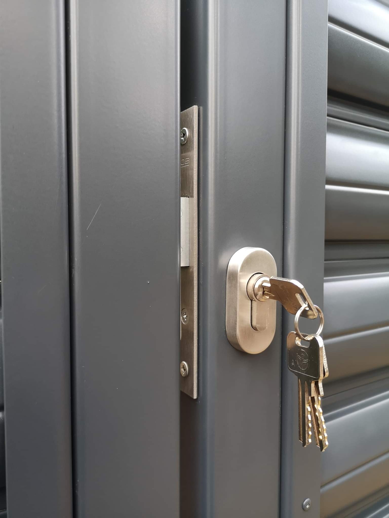 Szczegółowe ujęcie klucza w zamku szarej, metalowej bramy wjazdowej z poziomymi panelami.