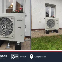 Zewnętrzna jednostka pompy ciepła Auratsu zamontowana na czarnych blokach betonowych przy jasnej elewacji domu z oknem ozdobionym kwiatami.