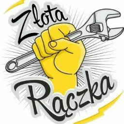 Ilustracja: Ż&oacute;łta ręka trzyma klucz nastawny, napis 'Złota Rączka' i graficzne błyskawice.