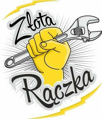 Ilustracja: Żółta ręka trzyma klucz nastawny, napis 'Złota Rączka' i graficzne błyskawice.