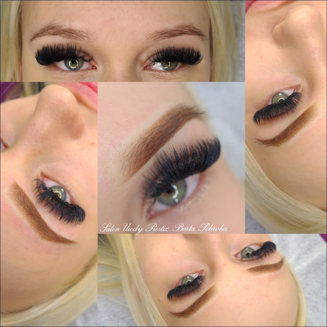 Kolaż zbliżeń na oczy kobiety z przedłużonymi, gęstymi rzęsami i wyregulowanymi brwiami, wykonany w salonie urody.