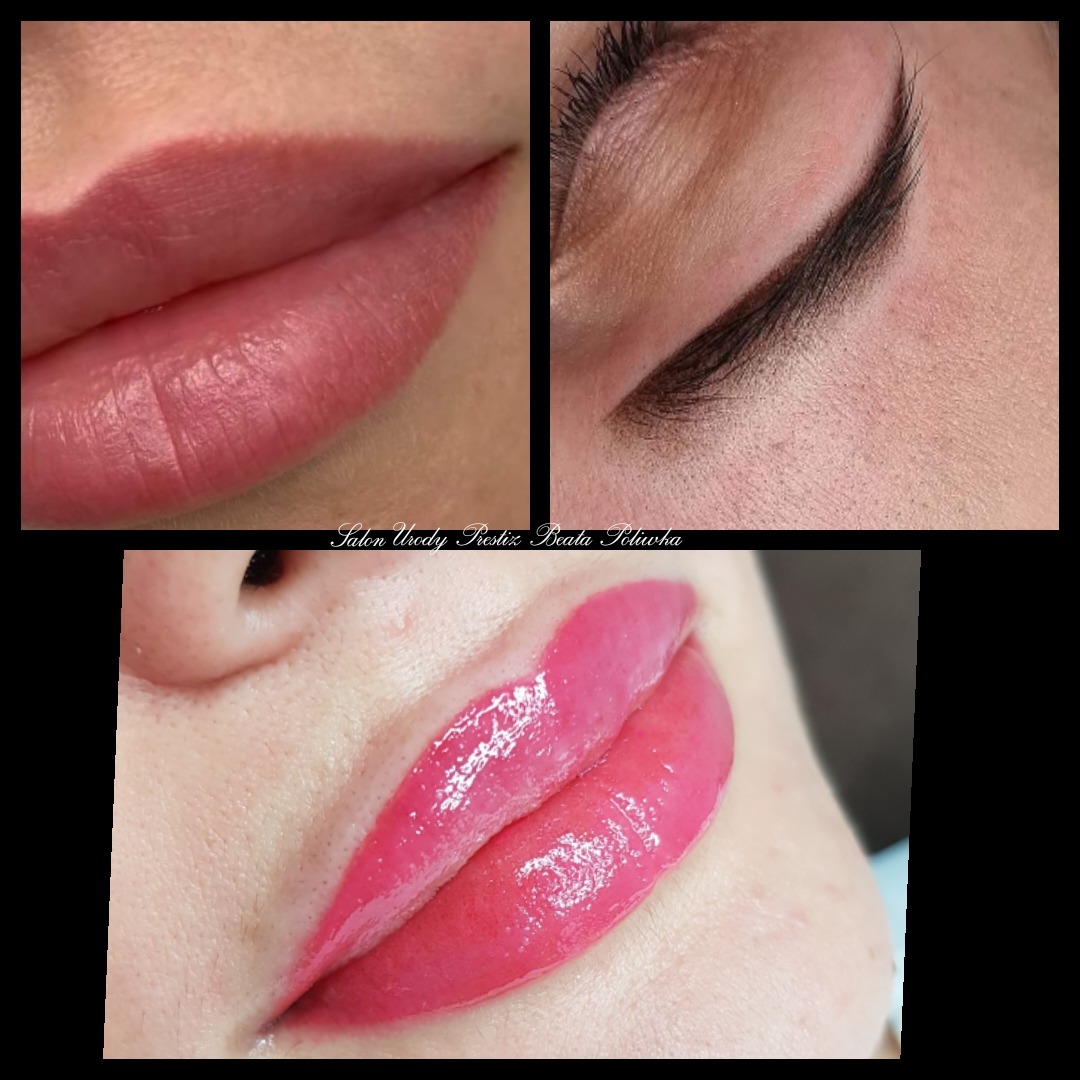 Zbliżenie na usta i brwi po zabiegu pigmentacji permanentnej, widoczne różne etapy gojenia i kolory.