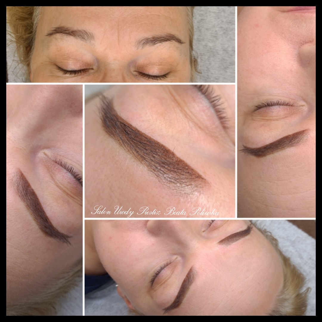 Kolaż zbliżeń na brwi kobiety po zabiegu pigmentacji permanentnej; widoczne detale tekstury i koloru brwi.