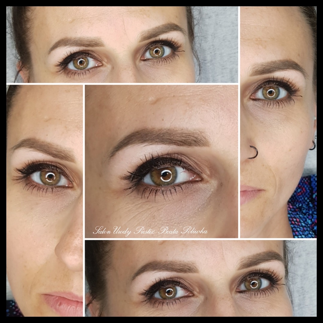 Kolaż zbliżeń na oczy i brwi kobiety po zabiegu pigmentacji, widoczne subtelne podkreślenie kształtu i koloru brwi, naturalny efekt, nazwa salonu w centralnej części zdjęcia.