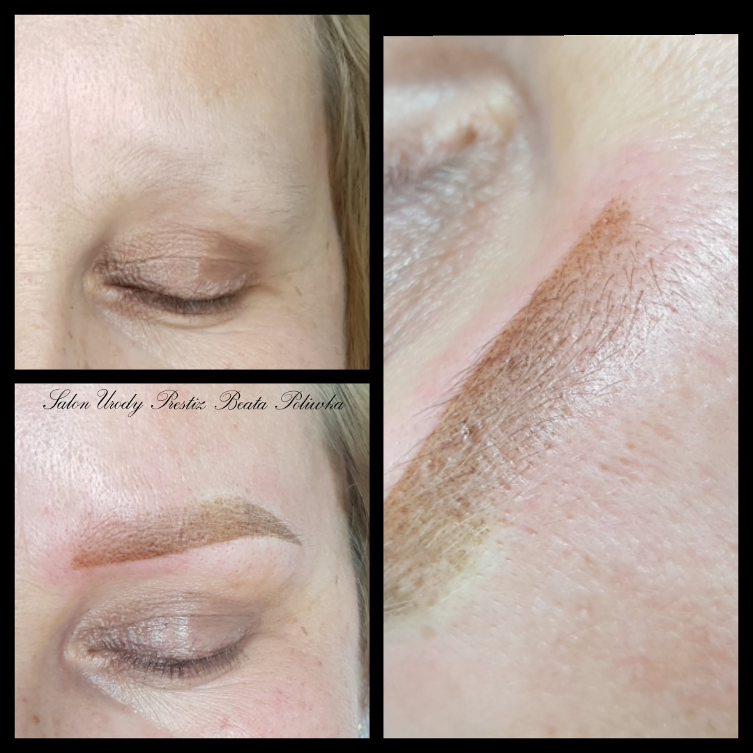 Zbliżenie na brwi kobiety przed i po zabiegu pigmentacji, widoczne różnice w kształcie i gęstości włosków, z logo salonu w lewym dolnym rogu.
