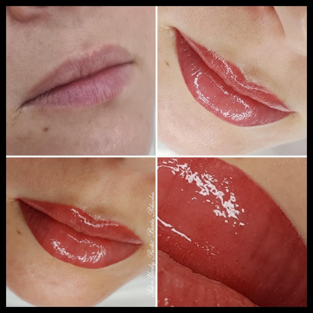 Kolaż przedstawiający usta przed i po zabiegu pigmentacji, widoczne powiększenie i zmiana koloru ust na bardziej intensywny róż.