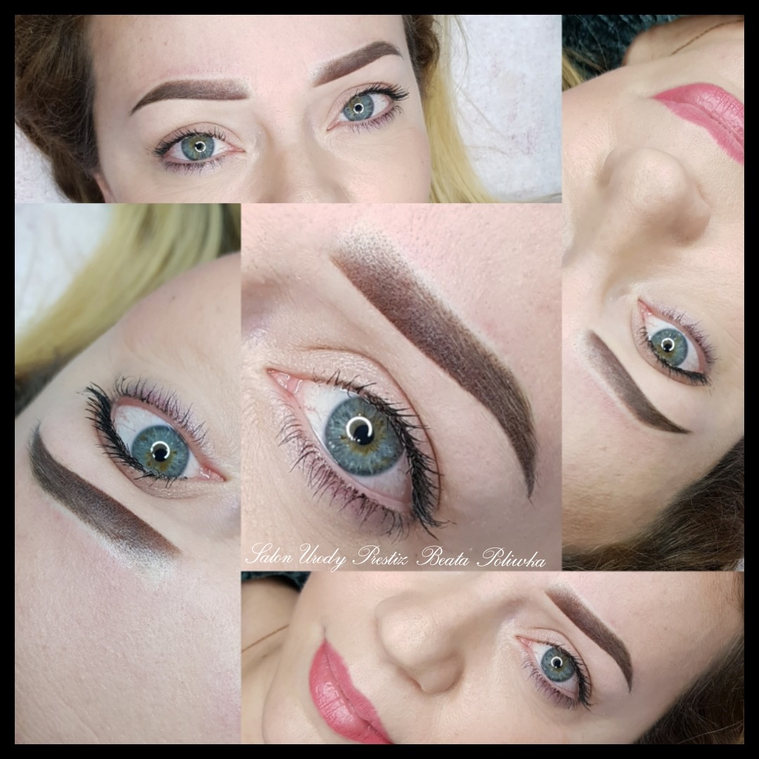 Kolaż z różnych ujęć twarzy kobiety z wyraźnie podkreślonymi brwiami po zabiegu pigmentacji, widoczne zbliżenia na brwi i oczy, makijaż permanentny brwi w odcieniach brązu.