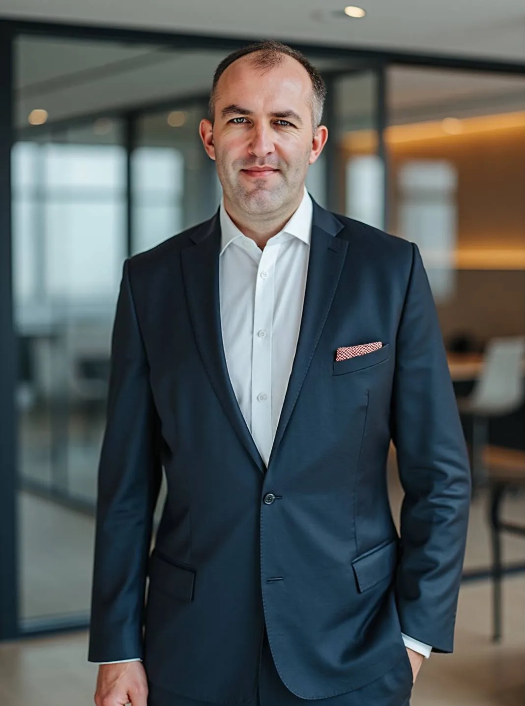 Portret biznesowy mężczyzny w garniturze na tle przeszklonego biura. Widoczna poszetka w kieszonce marynarki i nowoczesne wnętrze biurowe.