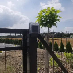 Czarny słupek ogrodzeniowy z zamontowanym czujnikiem zbliżeniowym FAAC, widok na świeżo posadzone drzewa i pole w tle pod pochmurnym niebem.