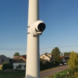 Biała kamera kopułkowa zamontowana na słupie, widok na ulicę i domy w tle w słoneczny dzień.