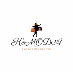 Logo firmy odzieżowej 'KoModA' z sylwetką kobiety niosącej torby na zakupy, pod napisem 'ODZIEŻ Z DRUGIEJ RĘKI'.