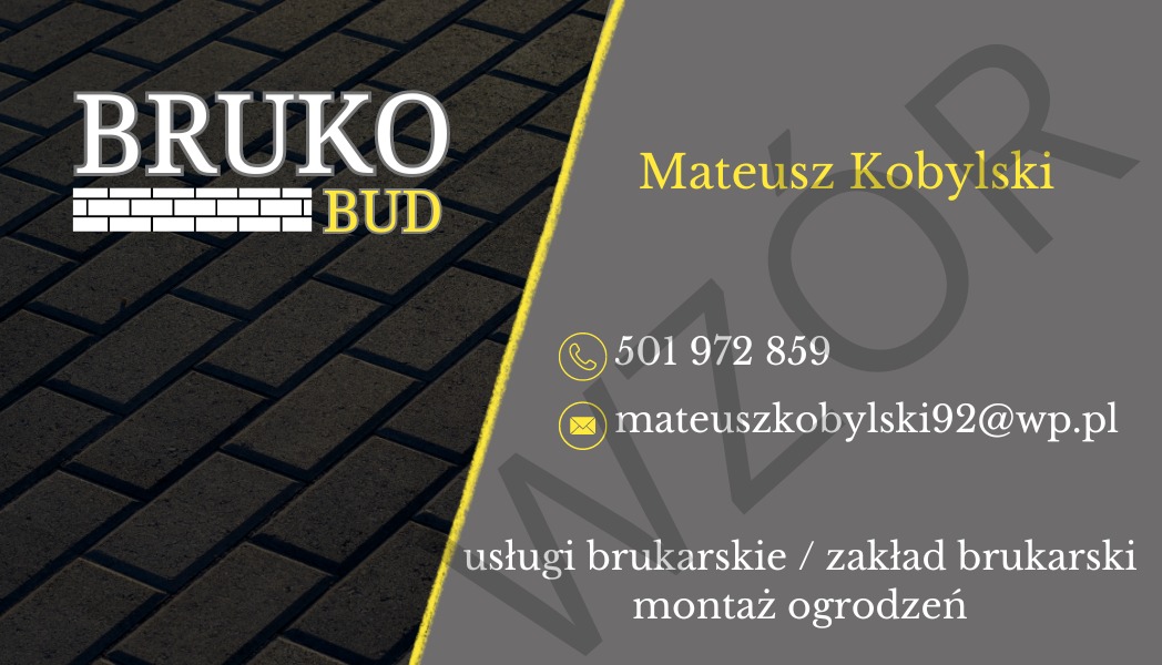 Wizytówka firmy brukarskiej z logo na tle ułożonej kostki brukowej, zawierająca dane kontaktowe: imię, nazwisko, numer telefonu i adres e-mail.