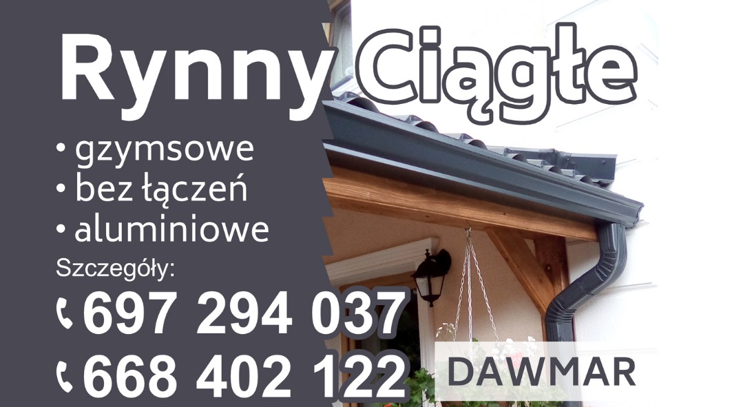 Szare, bezszwowe rynny aluminiowe zamontowane na domu, z informacją o ofercie i numerami telefonów do firmy Dawmar.