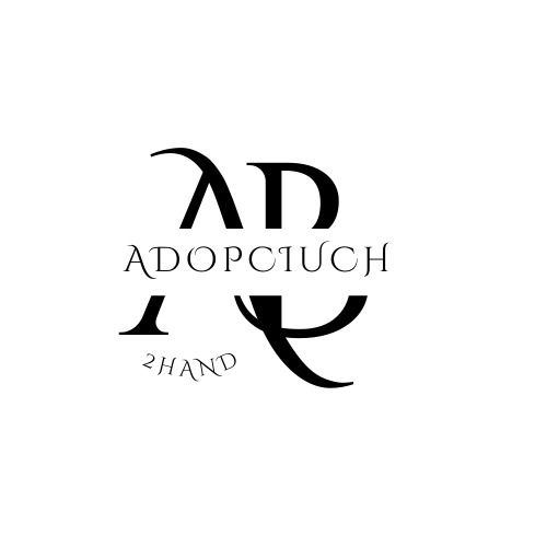 Czarno-białe logo 'ADOPCIUCH 2HAND' z elementami graficznymi w stylu vintage.