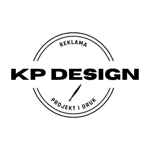 Czarno-białe logo KP Design z pędzlem, napisem 'REKLAMA' u góry i 'PROJEKT / DRUK' na dole, zamknięte w podwójnym okręgu.