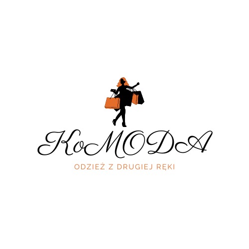 Logo firmy odzieżowej 'KoModA' z sylwetką kobiety niosącej torby na zakupy, pod napisem 'ODZIEŻ Z DRUGIEJ RĘKI'.