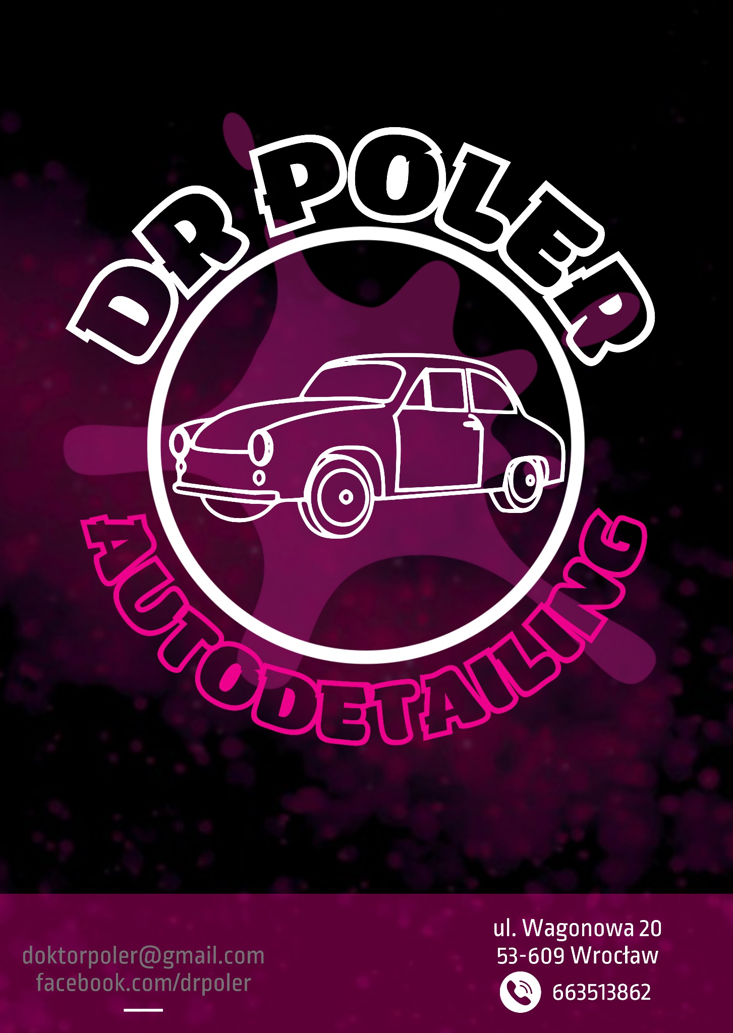 Grafika z stylizowanym autem w okręgu, otoczonym nazwą firmy 'DR POLER AUTODETAILING' na czarnym tle z fioletowymi plamami, adres i kontakt poniżej.