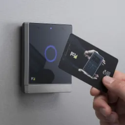 Zbliżenie na czytnik kart zbliżeniowych PCS zamontowany na ścianie, z dłonią przykładającą kartę z nadrukowanym zdjęciem innego czytnika PCS.