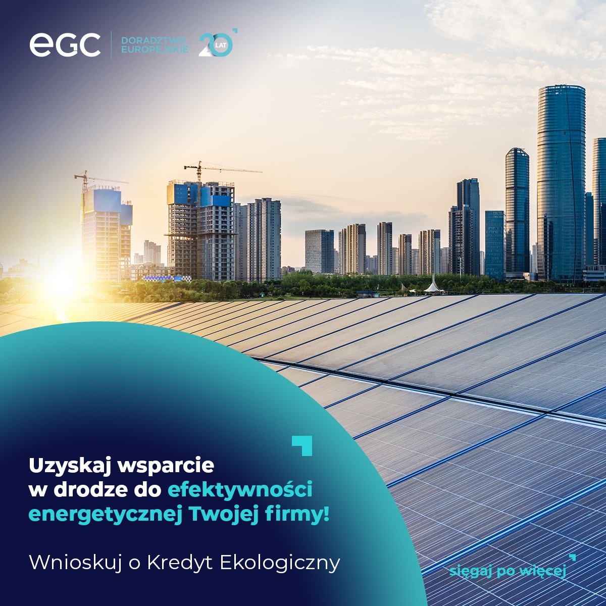 Panel słoneczny na dachu budynku z panoramą miasta w tle, logo firmy doradczej w lewym górnym rogu.