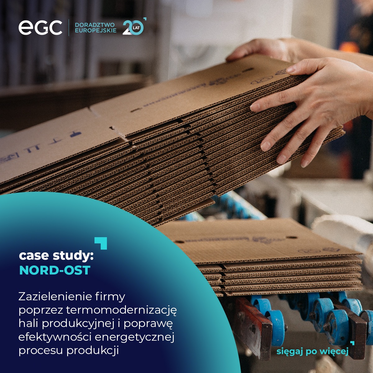 Stos brązowych, płaskich pudeł kartonowych trzymanych przez dłonie nad niebieskim przenośnikiem taśmowym w hali produkcyjnej, z logo firmy doradczej EGC w lewym górnym rogu i tekstem...