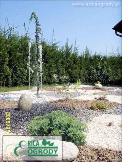 Ogród z dekoracyjnym wzorem z kamieni różnych kolorów, fontanną tryskającą wodą i roślinnością ozdobną. W tle gęsty żywopłot z iglaków.