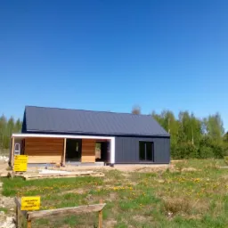 Nowoczesny dom z grafitową blachą na dachu i drewnianą elewacją w trakcie budowy, widoczny znak 'Teren budowy wstęp zabroniony' i rozkwitające mlecze na trawniku.