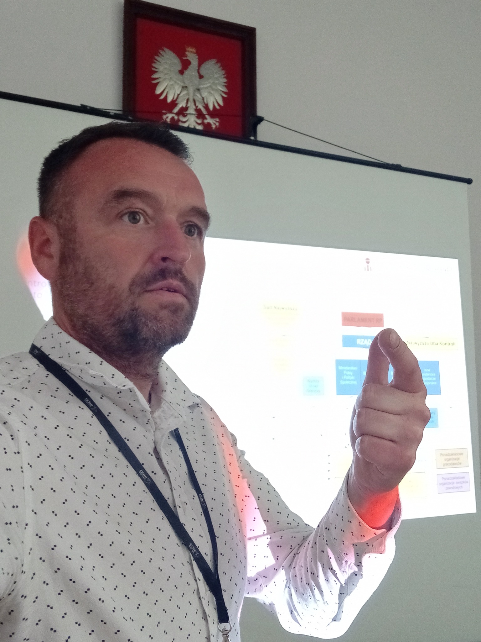 Prelegent w koszuli w kropki prezentuje schemat na rzutniku, w tle godło Polski. Szkolenie z zakresu wiedzy o strukturach państwowych, ujęcie z dołu.