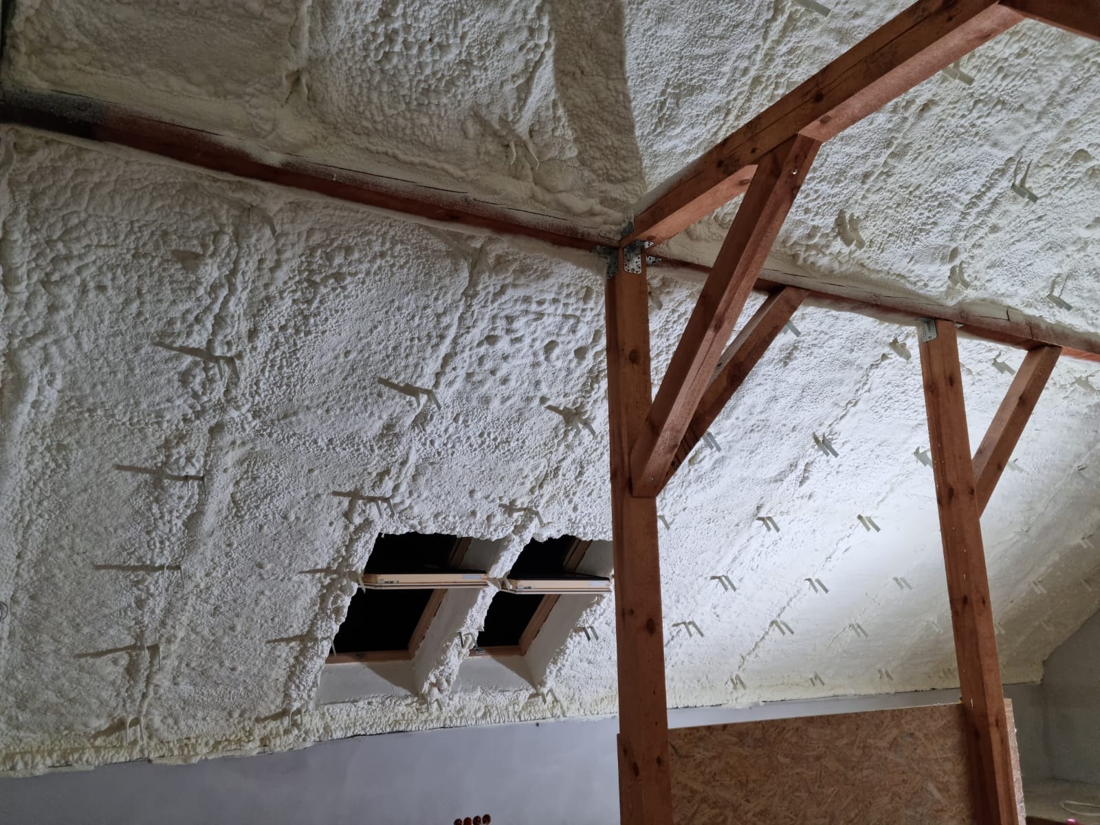 Poddasze po ociepleniu pianką, widoczne krokwie i okna dachowe z fragmentami niezabezpieczonymi pianką, na ścianach widoczne plastikowe kołki mocujące.