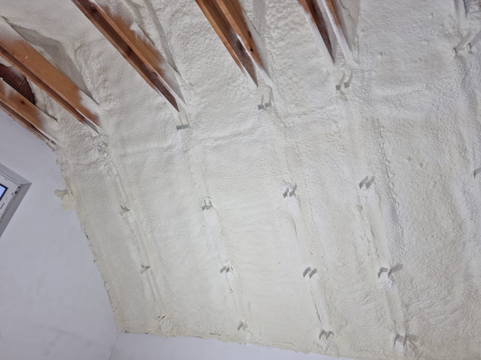 Poddasze po ociepleniu pianką poliuretanową, widoczne drewniane belki stropowe i biała, gęsta izolacja z mocowaniami, fragment okna w lewym górnym rogu.