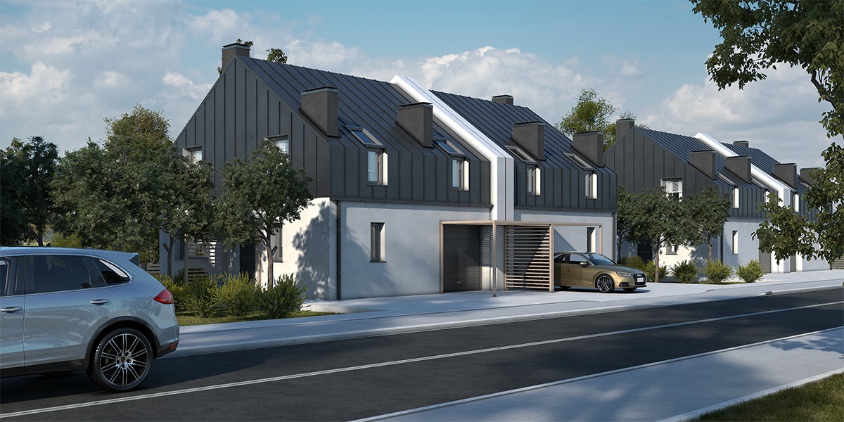 Wizualizacja szeregu nowoczesnych domów z ciemnymi, spadzistymi dachami, jasnymi elewacjami i garażami z drewnianymi przesłonami, z zaparkowanymi samochodami na ulicy.
