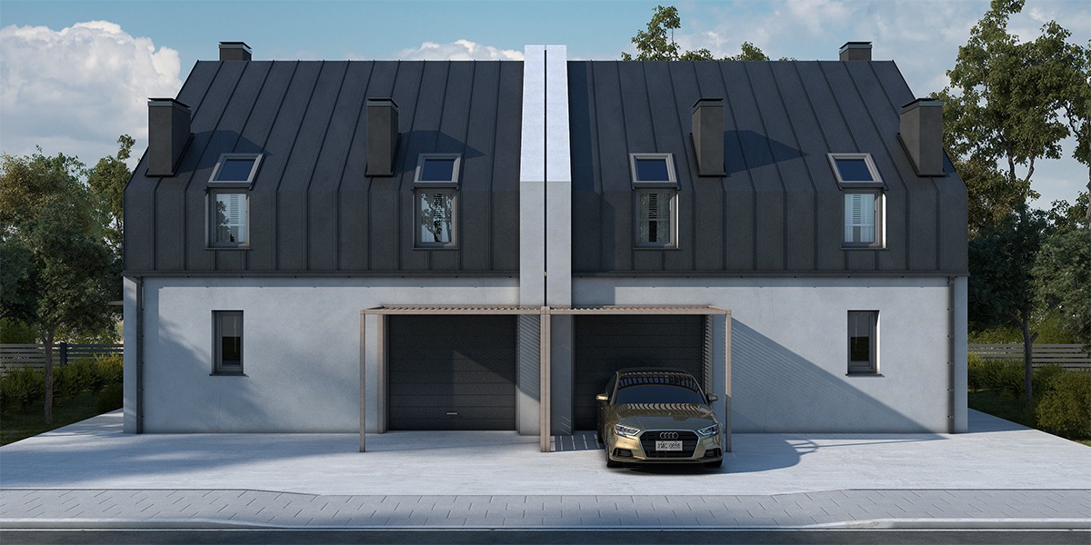 Wizualizacja bliźniaka z ciemną blachą na dachu, dwoma garażami z pergolami i zaparkowanym złotym Audi.