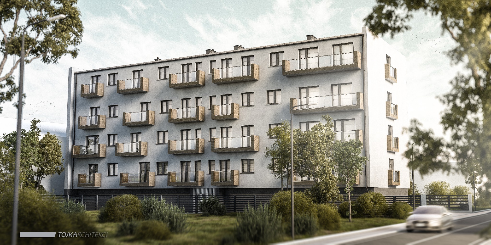Wizualizacja budynku wielorodzinnego z licznymi balkonami o drewnianych elementach, otoczonego zielenią i z samochodem w tle, z logo architektonicznym w lewym dolnym rogu.