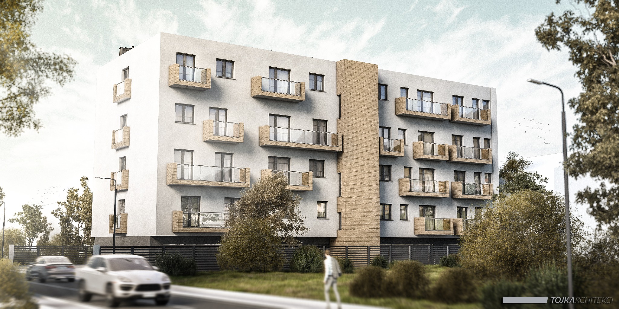 Wizualizacja budynku mieszkalnego wielorodzinnego z balkonami, jasną elewacją i elementami z cegły, otoczonego zielenią i z przechodzącą osobą w tle.
