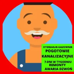 Karykaturalny wizerunek hydraulika-gazownika z wąsami, z tekstem informującym o pogotowiu kanalizacyjnym dostępnym 7 dni w tygodniu, w jaskrawych kolorach.