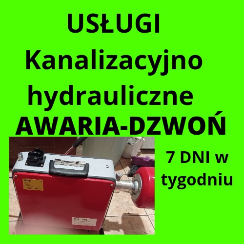 Grafika reklamowa usług kanalizacyjno-hydraulicznych z hasłem 'AWARIA-DZWOŃ' i informacją o dostępności 7 dni w tygodniu, prezentująca kompaktową maszynę do udrażniania rur z czerwonym korpusem.
