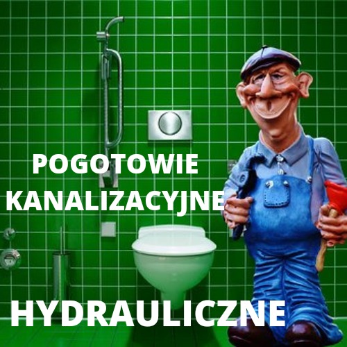 Karykaturalny hydraulik z przepychaczem i kluczem francuskim, na tle zielonej łazienki z sedesem i napisem 'Pogotowie Kanalizacyjne Hydrauliczne'.