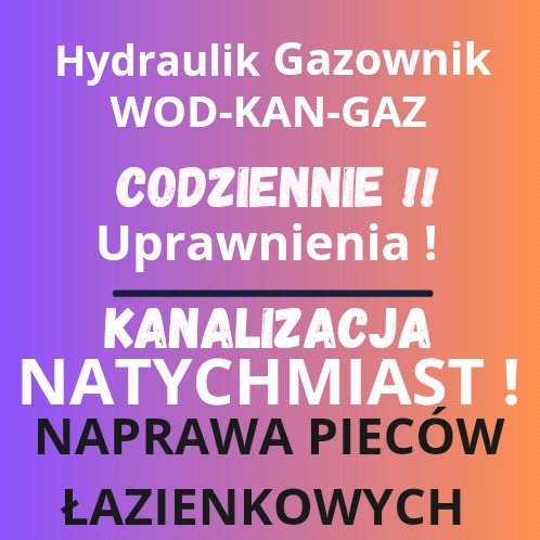 Ogłoszenie usług hydraulicznych i gazowniczych: WOD-KAN-GAZ, codzienne usługi, uprawnienia, kanalizacja, natychmiastowa naprawa pieców łazienkowych na gradientowym tle.