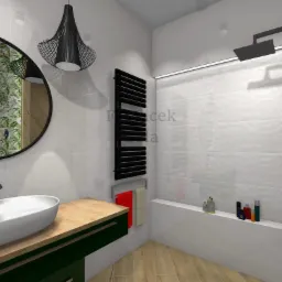 Wizualizacja nowoczesnej łazienki z owalną umywalką nablatową, okrągłym lustrem z motywem tropikalnym w odbiciu, czarnym grzejnikiem drabinkowym i kabiną prysznicową walk-in z deszczownicą.